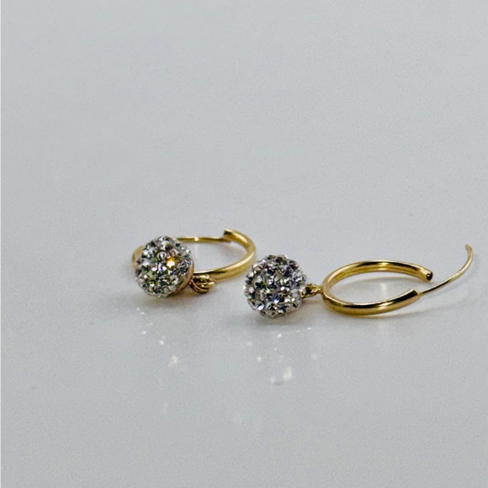 10K Solid Real Yellow Gold Dangling Hoop Earrings | Genuine Swarovski Crystal - Picture 3 of 6